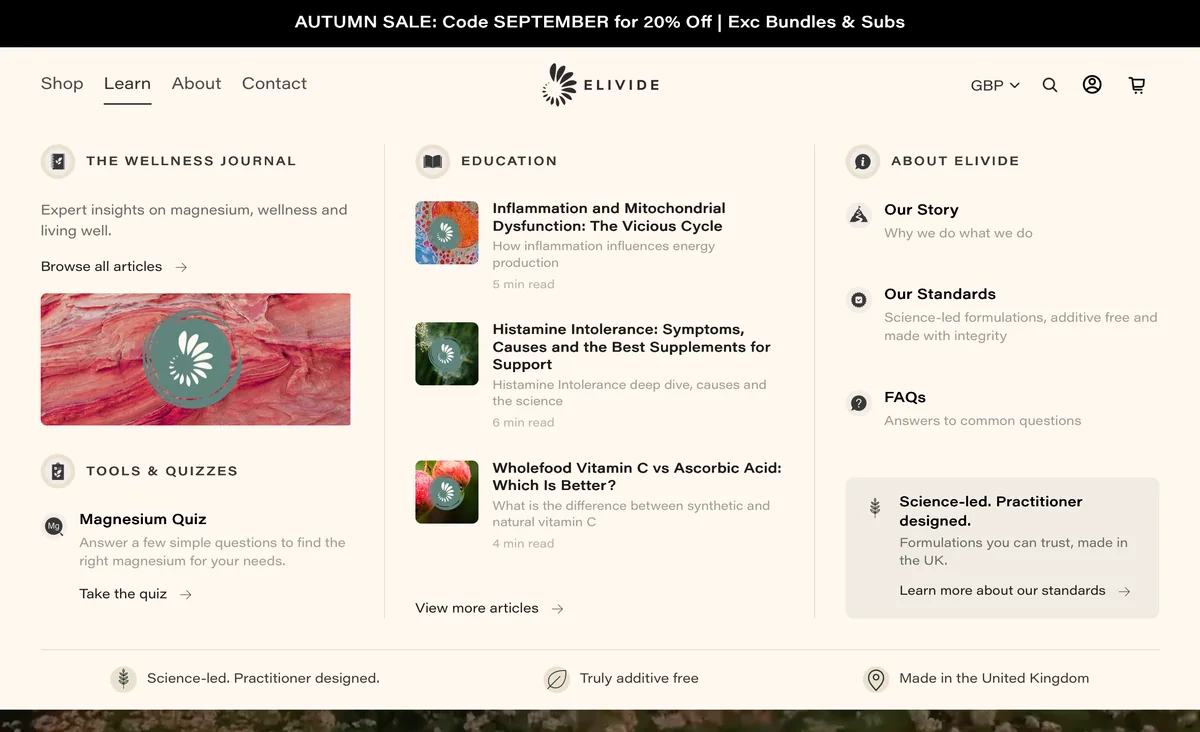 After: tapping Learn opens the menu