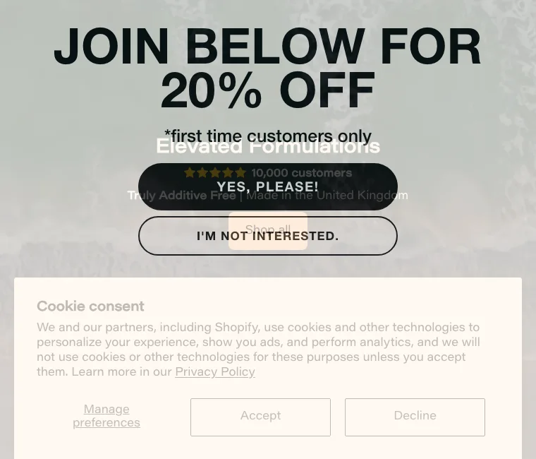 Before: the pop-up fading in over the cookie banner