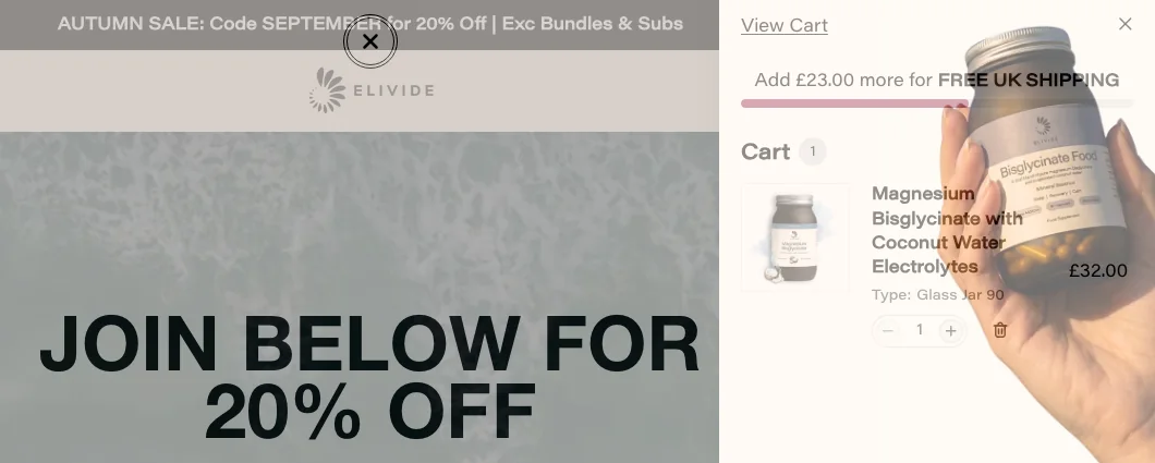 Before: the pop-up fading in over the open cart