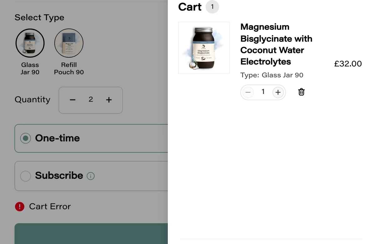 Before: the cart opens on top of the error